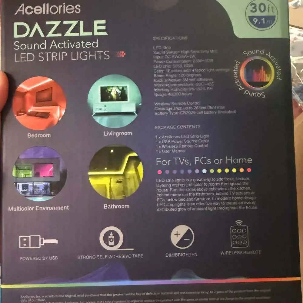Acellories Dazzle 30ft Sound Activated LED Strip Lights‎ with Wireless Remote